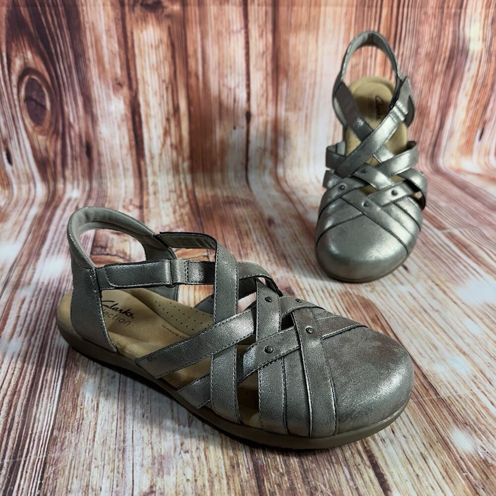 Clarks ELIZABELLE SEA Size 8.5 Bronze Metallic Leather Closed Toe Sandals Shoes - Picture 1 of 10